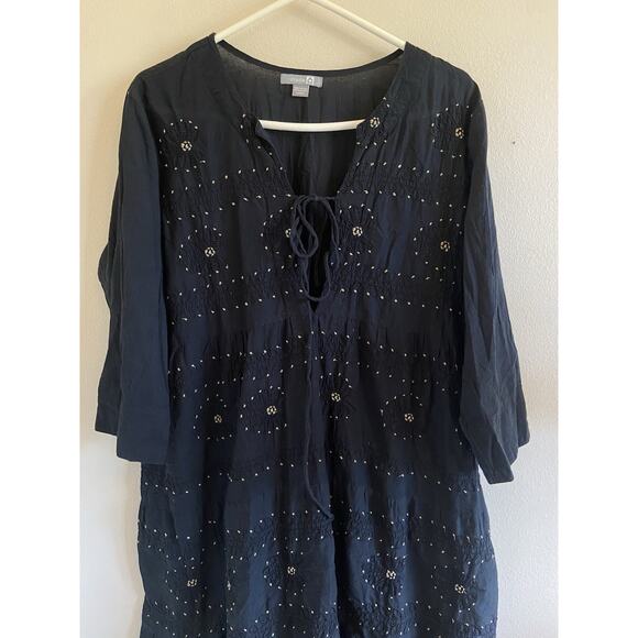Shade Amour Black Embroidered Floral Vneck Tie Front Cotton Dress Boho Large - Picture 2 of 9